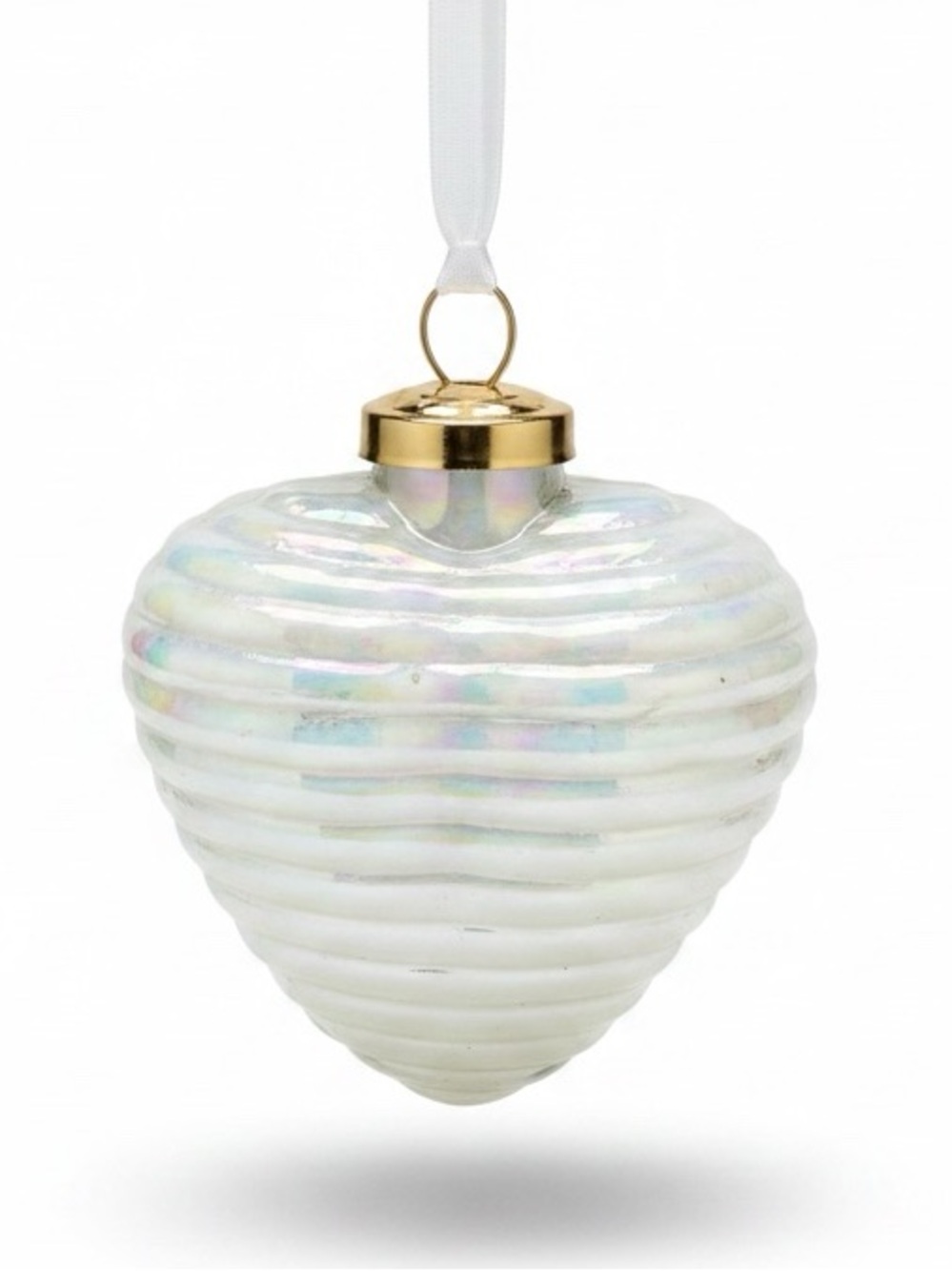 Noonday Frosted Glass Heart Ornament with Ridged Texture and White Mesh Ribbon